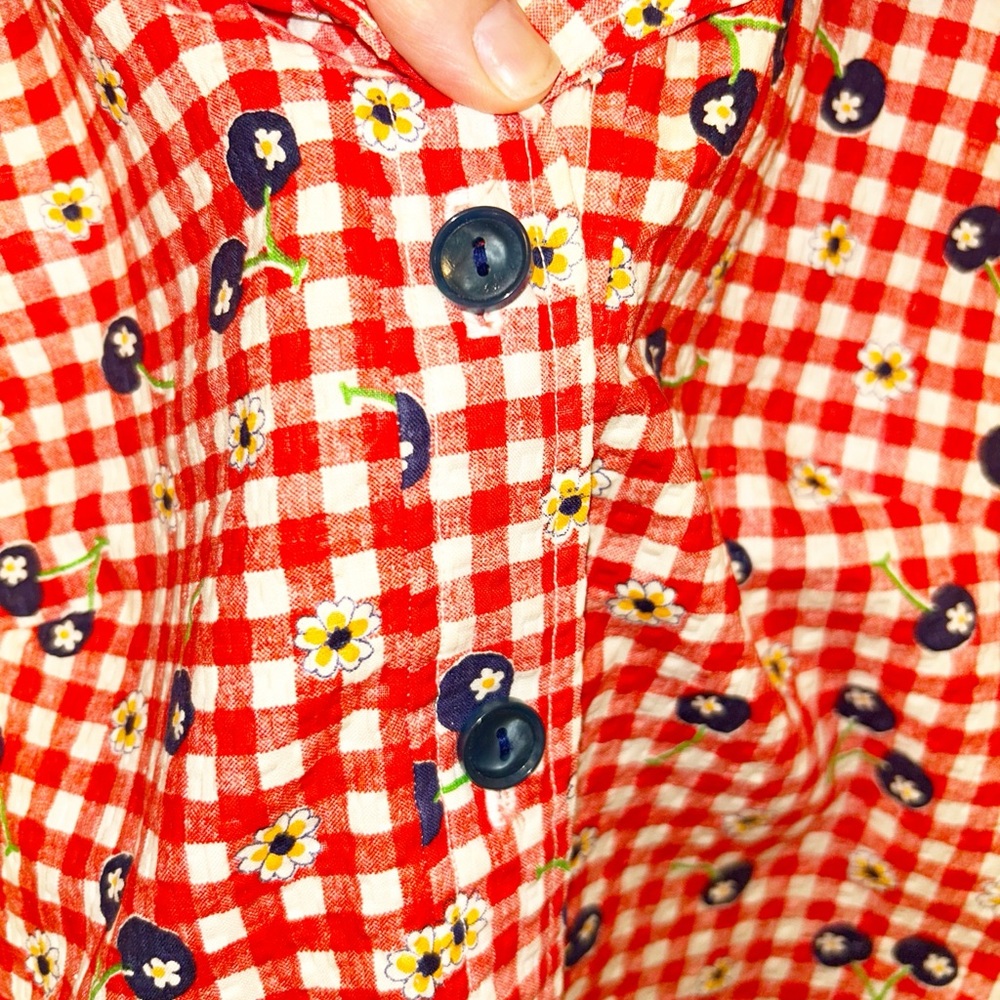 VINTAGE Handmade Seersucker Gingham & Blueberries Collared Mini Dress SZ: SMALL - Picture 5 of 11